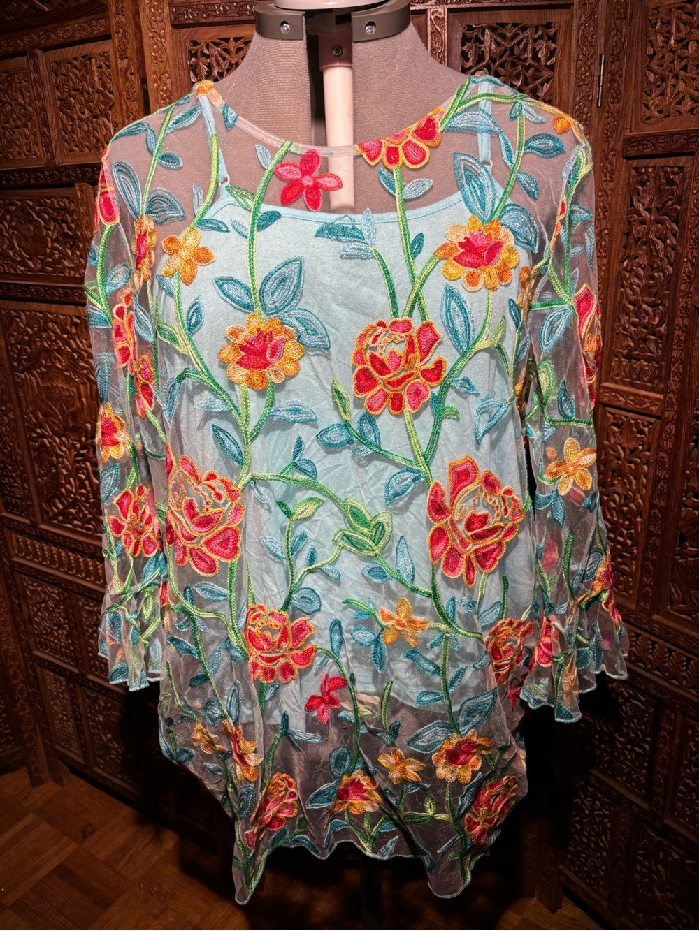 Ali Miles Aqua Mesh Tunic with Multicolor Floral Embroidery